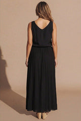 Black Pleated Sleeveless V Neck Maxi Dress - Tresya