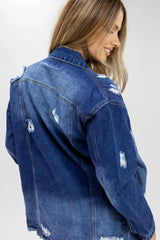 Blue Dark Wash Distressed  Ripped Denim Jacket - Finian