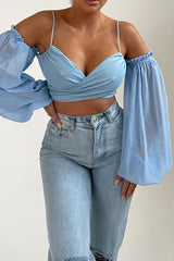 Blue Strappy Cold Shoulder Puff Sleeve Crop Top - Alessia