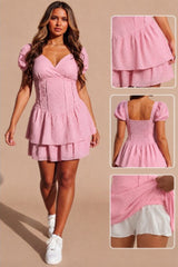 Pink Broderie Anglaise Puff Sleeve Playsuit Mini Dress - Wayna