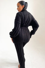 Black High Neck Belted Knit Loungewear Set - Alliyah
