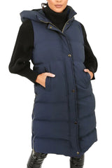 Navy Sleeveless Longline Midi Zip Up Hooded Puffer Gilet - Terri