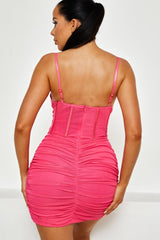 Pink Mesh Ruched Corset Strappy Bodycon Mini Dress - Penny