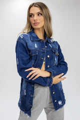 Blue Dark Wash Distressed  Ripped Denim Jacket - Finian
