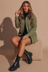 Khaki Distressed Oversized Shacket With Rock & Roll Back Slogan - Roina