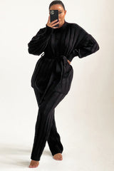 Black High Neck Belted Knit Loungewear Set - Alliyah