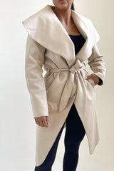 Beige Waterfall Duster Belted Long Coat - Pola