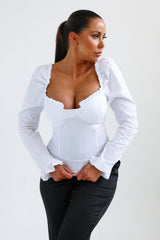 White Cup Detail Shirred Puff Sleeve Shirt - Nawal