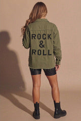 Khaki Distressed Oversized Shacket With Rock & Roll Back Slogan - Roina