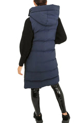 Navy Sleeveless Longline Midi Zip Up Hooded Puffer Gilet - Terri