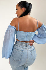 Blue Strappy Cold Shoulder Puff Sleeve Crop Top - Alessia
