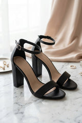 Black Strappy Ankle Strap Square Heel Sandals - Willow