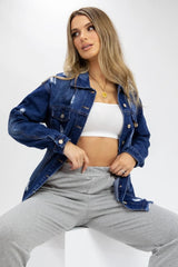 Blue Dark Wash Distressed  Ripped Denim Jacket - Finian