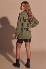 Khaki Distressed Oversized Shacket With Rock & Roll Back Slogan - Roina