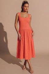 Coral Square Neck Drop Waist Midaxi Dress - Valentino