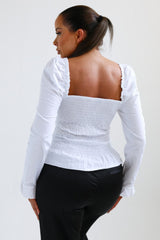 White Cup Detail Shirred Puff Sleeve Shirt - Nawal