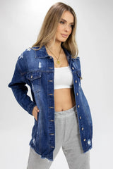 Blue Dark Wash Distressed  Ripped Denim Jacket - Finian