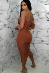 Rust Bardot Cowl Neck Ruched Midi Dress - Malia