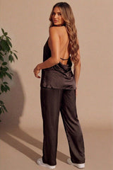 Chocolate Cowl Neck Sleeveless Top & Wide Leg Trouser Set - Wynas