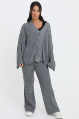 Charcoal Button Through Relaxed Fit Knitted Loungewear Set - Olivia