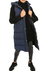 Navy Sleeveless Longline Midi Zip Up Hooded Puffer Gilet - Terri