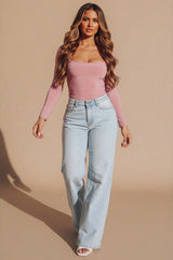 Dusty Pink Slinky Long Sleeve Square Neck Top - Thalina