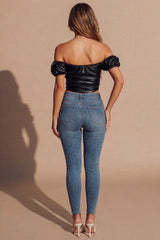 Black PU Bardot Puff Sleeve Corset Top – Kyra