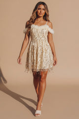 Beige Sequin Feather Trim Off The Shoulder Mini Dress - Kaya