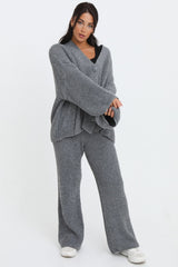 Charcoal Button Through Relaxed Fit Knitted Loungewear Set - Olivia