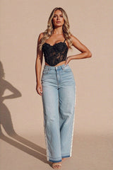 Light Wash Lace Side Panel Wide Leg Jeans - Moyanai