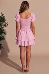 Pink Broderie Anglaise Puff Sleeve Playsuit Mini Dress - Wayna