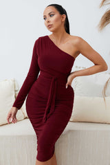 Wine One Shoulder Ruched Slinky Midi Dress - Savannah