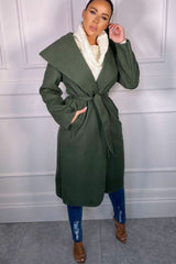 Khaki Waterfall Duster Belted Long Coat - Pola