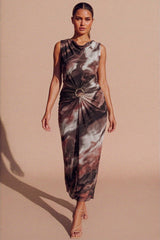 Rust Marble Print Ring Detail Ruched Maxi Dress - Lila