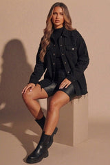 Black Distressed Oversized Shacket With Rock & Roll Back Slogan - Roina