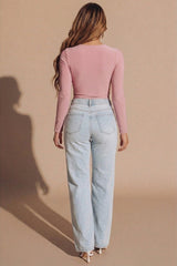 Dusty Pink Slinky Long Sleeve Square Neck Top - Thalina