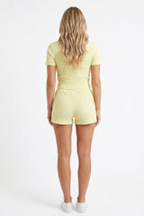 Lemon Ribbed Button Front Crop Top With Drawstring Shorts Set - Sandra