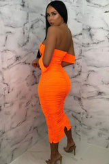 Neon Orange Bardot Cowl Neck Ruched Midi Dress - Malia