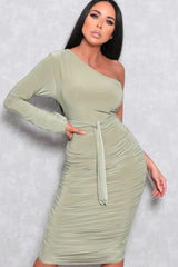 Sage One Shoulder Ruched Slinky Midi Dress - Savannah