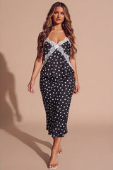 Black Polka Dot Satin Lace Trim Cami Crop Top & Midaxi Skirt Co-Ord- Niyana