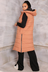 Tan Sleeveless Longline Midi Zip Up Hooded Puffer Gilet - Terri