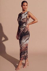 Rust Marble Print Ring Detail Ruched Maxi Dress - Lila