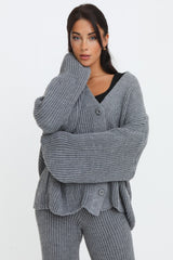 Charcoal Button Through Relaxed Fit Knitted Loungewear Set - Olivia