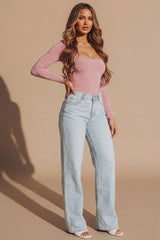 Dusty Pink Slinky Long Sleeve Square Neck Top - Thalina