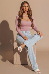 Dusty Pink Slinky Long Sleeve Square Neck Top - Thalina