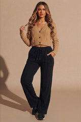 Black Seam Detail Shirred Waistband Open Hem Joggers - Ruby