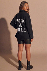 Black Distressed Oversized Shacket With Rock & Roll Back Slogan - Roina