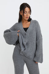 Charcoal Button Through Relaxed Fit Knitted Loungewear Set - Olivia