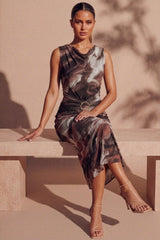 Rust Marble Print Ring Detail Ruched Maxi Dress - Lila
