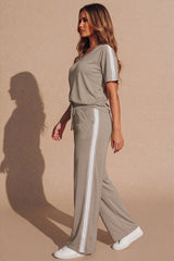 Mocha Stripe Detail Wide Leg Lounge Set - Tranx